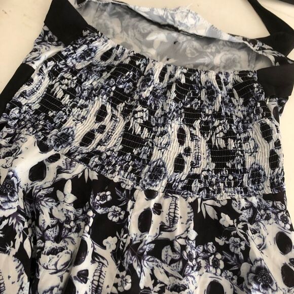 Sugar Skulls Roses Black White Blue Halter Dress Retro Rockabilly Style - Picture 5 of 8